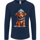 Winter Puppy With Hat and Scarf Dog Mens Long Sleeve T-Shirt Navy Blue
