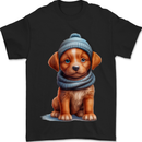 Winter Puppy With Hat and Scarf Dog Mens T-Shirt 100% Cotton Black