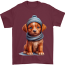 Winter Puppy With Hat and Scarf Dog Mens T-Shirt 100% Cotton Maroon