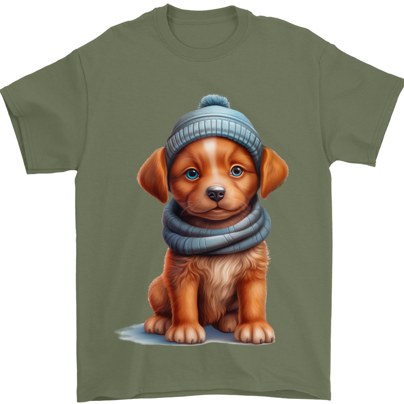 Winter Puppy With Hat and Scarf Dog Mens T-Shirt 100% Cotton Military Green