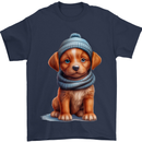 Winter Puppy With Hat and Scarf Dog Mens T-Shirt 100% Cotton Navy Blue