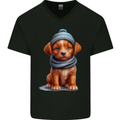 Winter Puppy With Hat and Scarf Dog Mens V-Neck Cotton T-Shirt Black