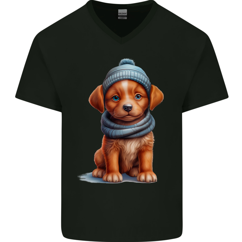Winter Puppy With Hat and Scarf Dog Mens V-Neck Cotton T-Shirt Black