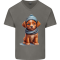 Winter Puppy With Hat and Scarf Dog Mens V-Neck Cotton T-Shirt Charcoal