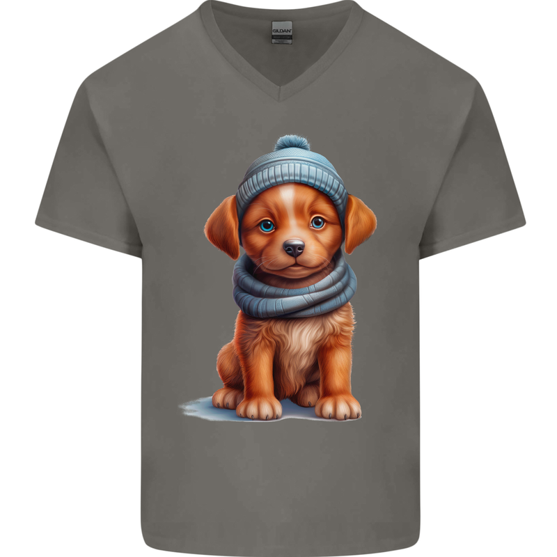 Winter Puppy With Hat and Scarf Dog Mens V-Neck Cotton T-Shirt Charcoal