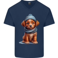 Winter Puppy With Hat and Scarf Dog Mens V-Neck Cotton T-Shirt Navy Blue