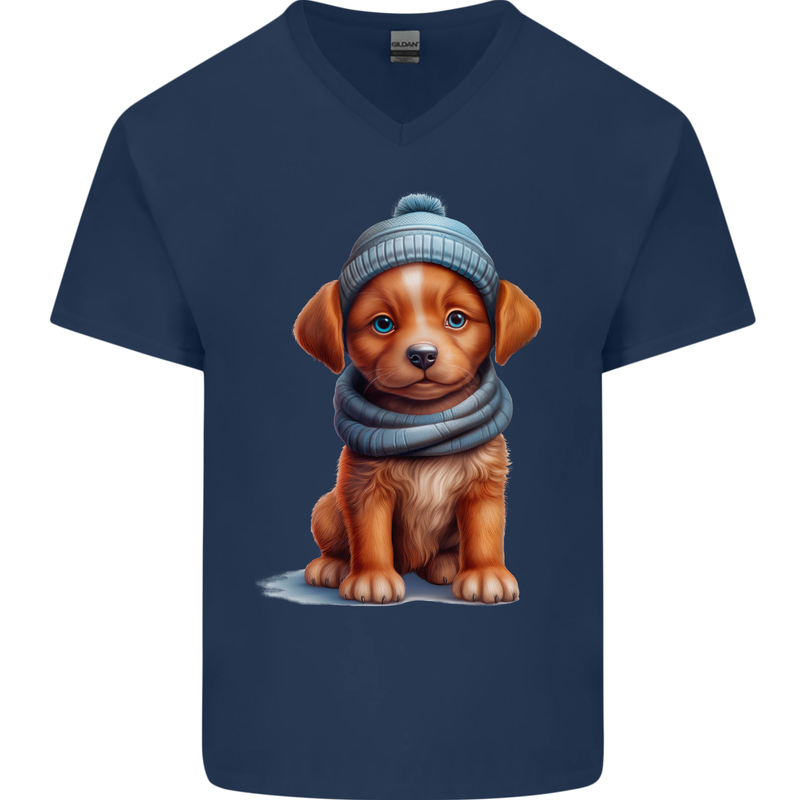 Winter Puppy With Hat and Scarf Dog Mens V-Neck Cotton T-Shirt Navy Blue