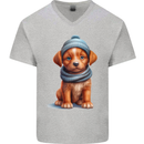 Winter Puppy With Hat and Scarf Dog Mens V-Neck Cotton T-Shirt Sports Grey