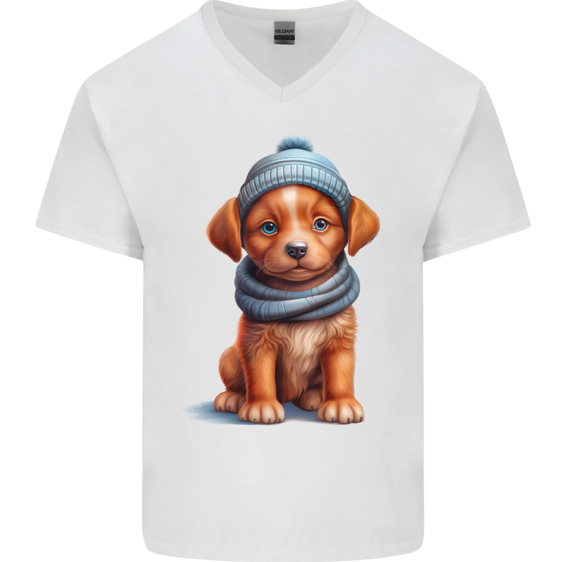 Winter Puppy With Hat and Scarf Dog Mens V-Neck Cotton T-Shirt White