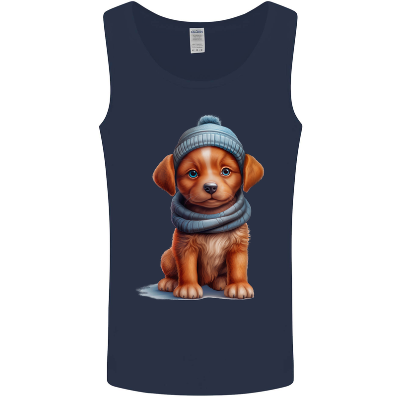 Winter Puppy With Hat and Scarf Dog Mens Vest Tank Top Navy Blue