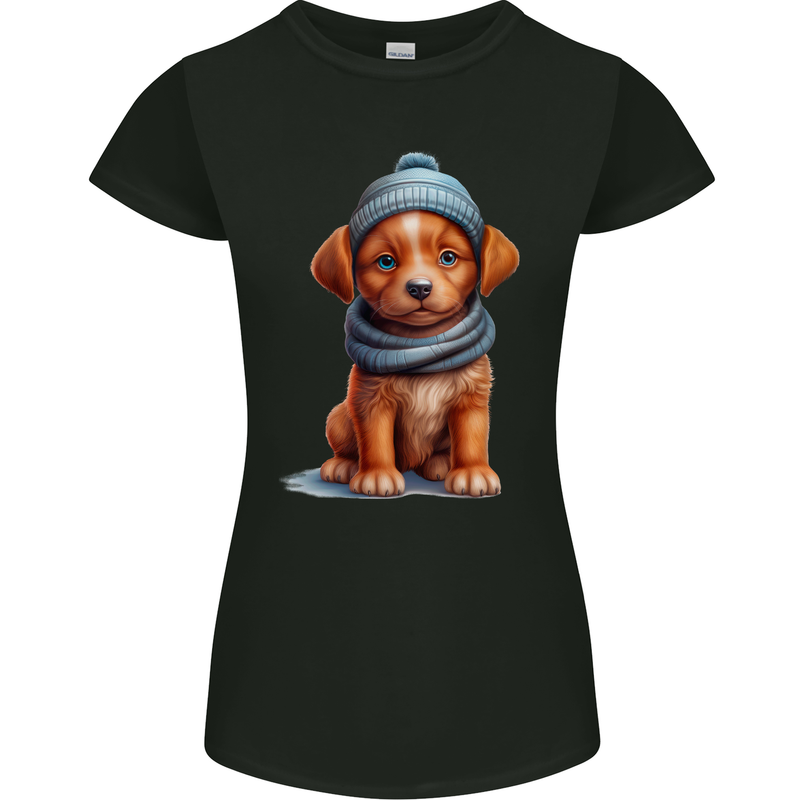 Winter Puppy With Hat and Scarf Dog Womens Petite Cut T-Shirt Black