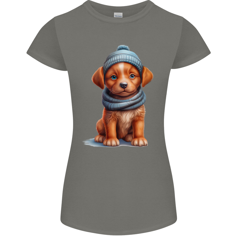 Winter Puppy With Hat and Scarf Dog Womens Petite Cut T-Shirt Charcoal