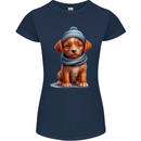 Winter Puppy With Hat and Scarf Dog Womens Petite Cut T-Shirt Navy Blue