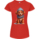 Winter Puppy With Hat and Scarf Dog Womens Petite Cut T-Shirt Red