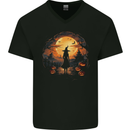 Witch Halloween Sunset Mens V-Neck Cotton T-Shirt Black