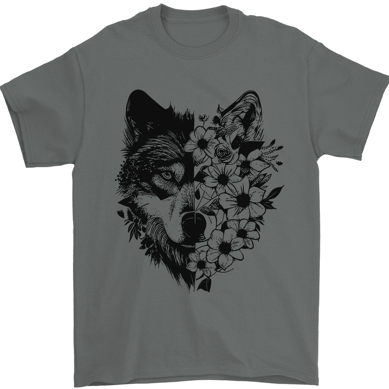 Wolf Flowers Mens T-Shirt 100% Cotton Charcoal