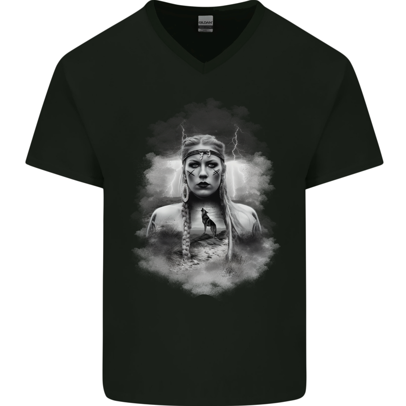 Wolf Viking Mens V-Neck Cotton T-Shirt Black