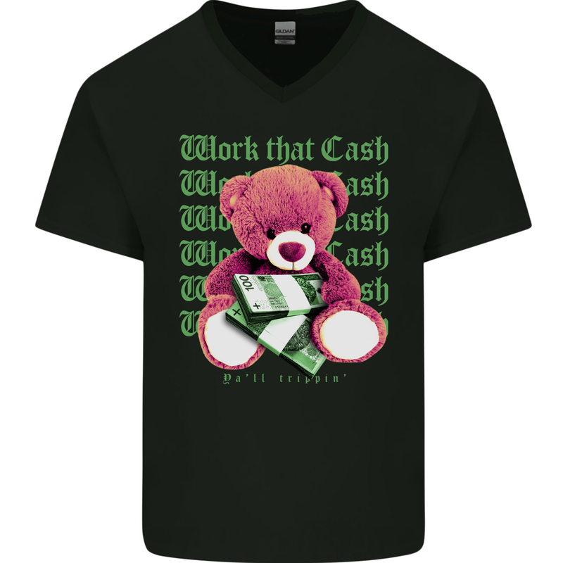 Work that Cash Teddy Bear Hustle Money Mens V-Neck Cotton T-Shirt Black