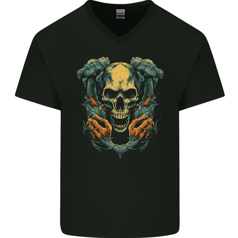 Wretched Skull Evil Demonic Halloween Demon Mens V-Neck Cotton T-Shirt Black