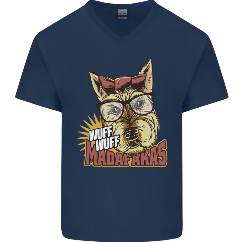 Wuff Wuff Madafacas Funny Dog Mens V-Neck Cotton T-Shirt Navy Blue
