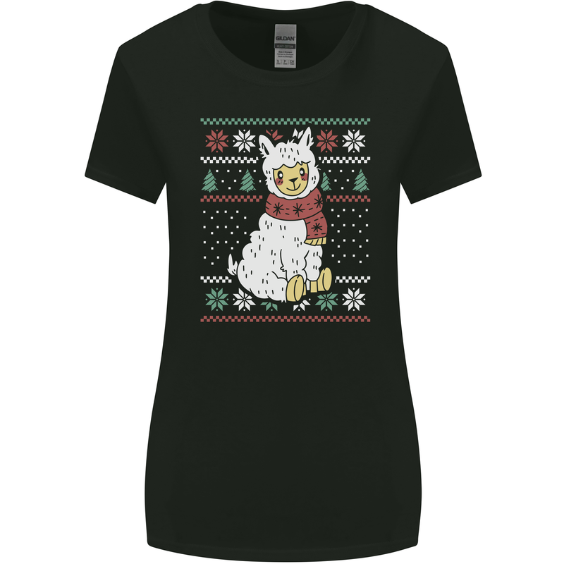 Xmas Llama Wearing a Christmas Scarf Womens Wider Cut T-Shirt Black