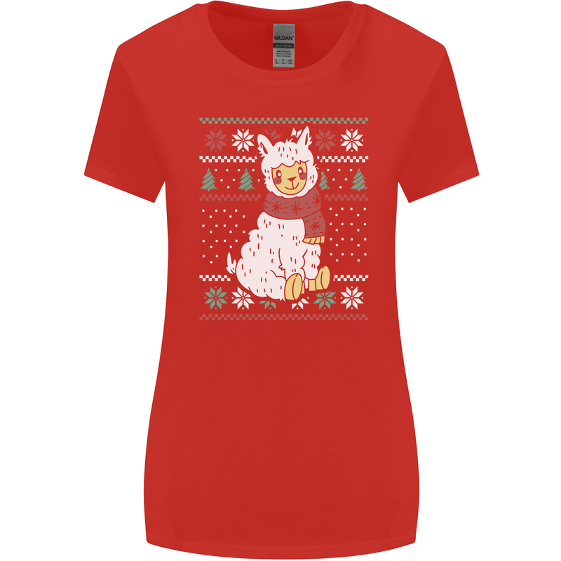 Xmas Llama Wearing a Christmas Scarf Womens Wider Cut T-Shirt Red