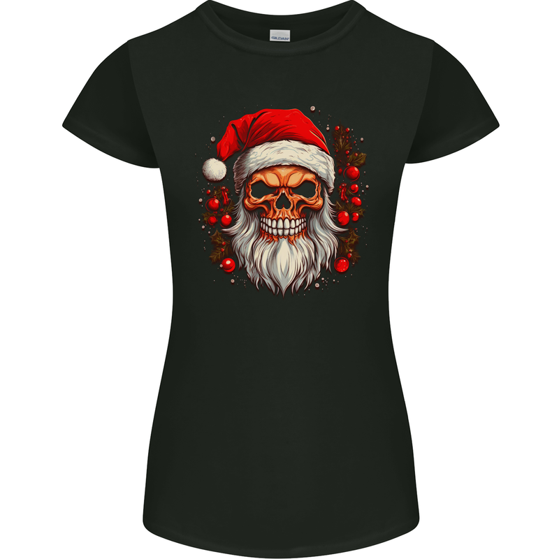 Xmas Santa Skull Christmas Bah Humbug Biker Womens Petite Cut T-Shirt Black