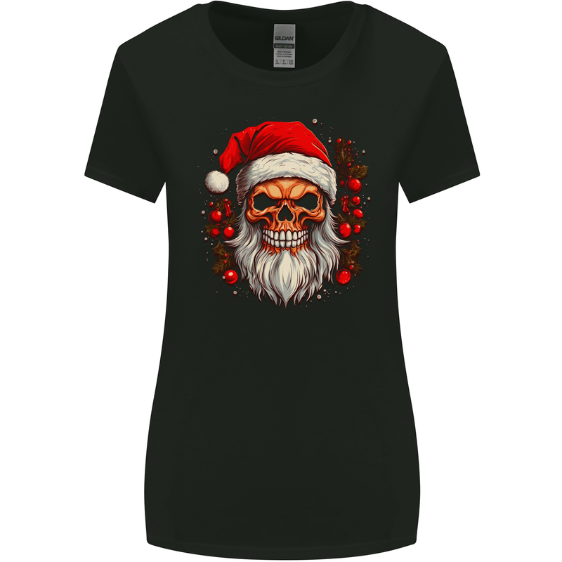 Xmas Santa Skull Christmas Bah Humbug Biker Womens Wider Cut T-Shirt Black