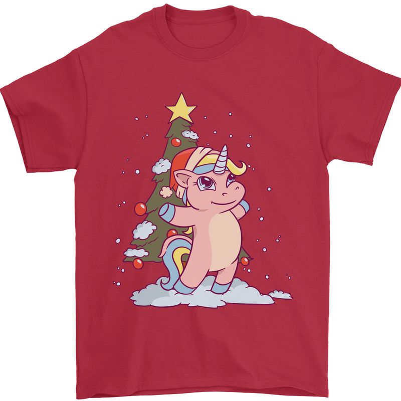 Xmas Unicorn Christmas Tree Mens T-Shirt 100% Cotton Red