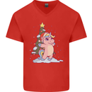 Xmas Unicorn Christmas Tree Mens V-Neck Cotton T-Shirt Red