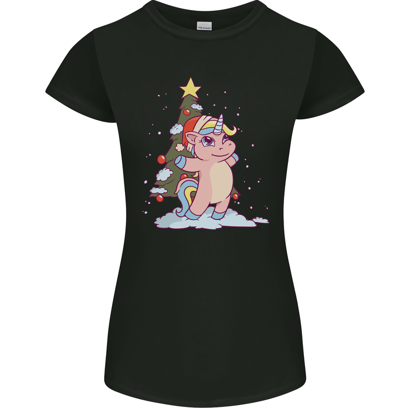 Xmas Unicorn Christmas Tree Womens Petite Cut T-Shirt Black