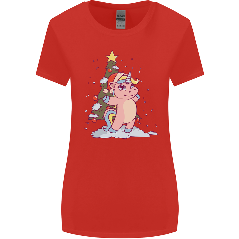 Xmas Unicorn Christmas Tree Womens Wider Cut T-Shirt Red