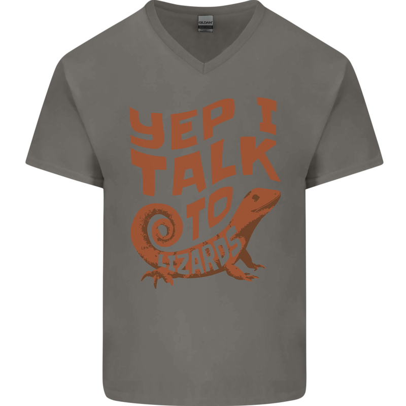 Yep I Talk To Lizards Chameleons Mens V-Neck Cotton T-Shirt Charcoal