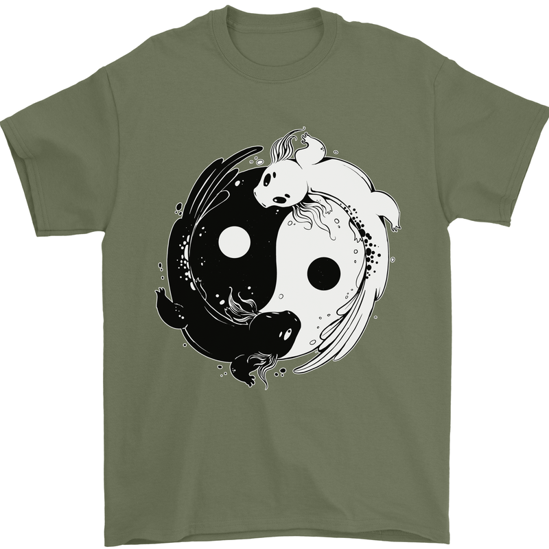 Yin Yang Axolotl Mens T-Shirt 100% Cotton Military Green