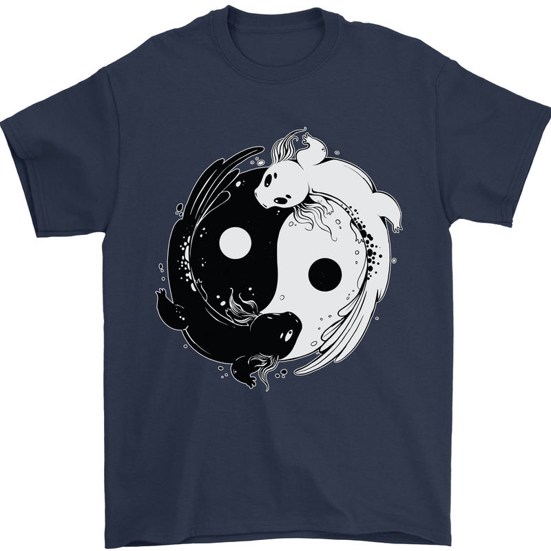 Yin Yang Axolotl Mens T-Shirt 100% Cotton Navy Blue