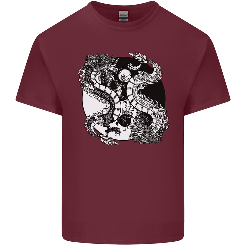 Yin Yang Dragons Mens Cotton T-Shirt Tee Top Maroon