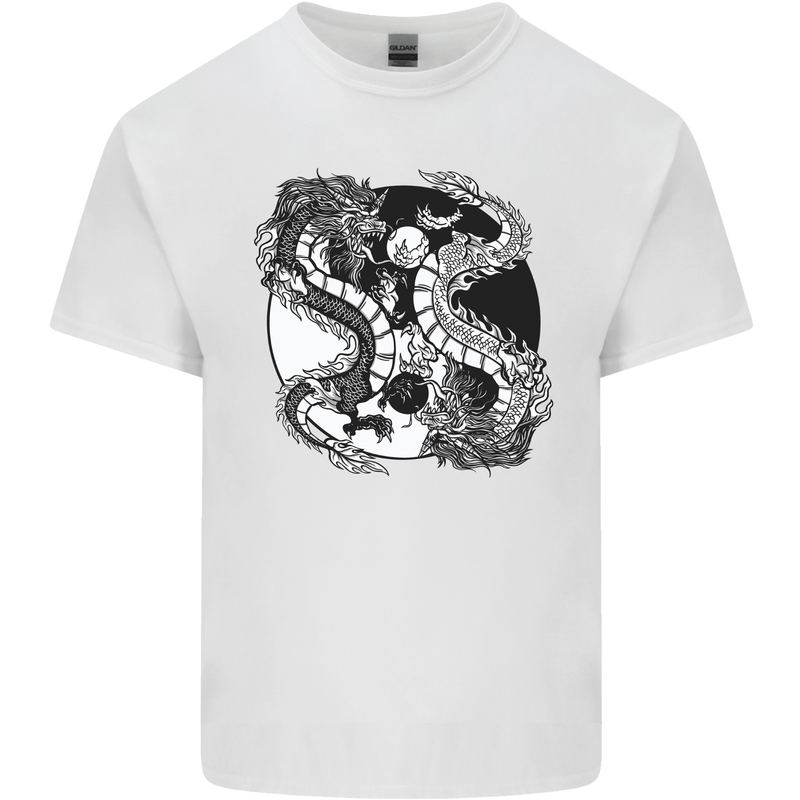 Yin Yang Dragons Mens Cotton T-Shirt Tee Top White