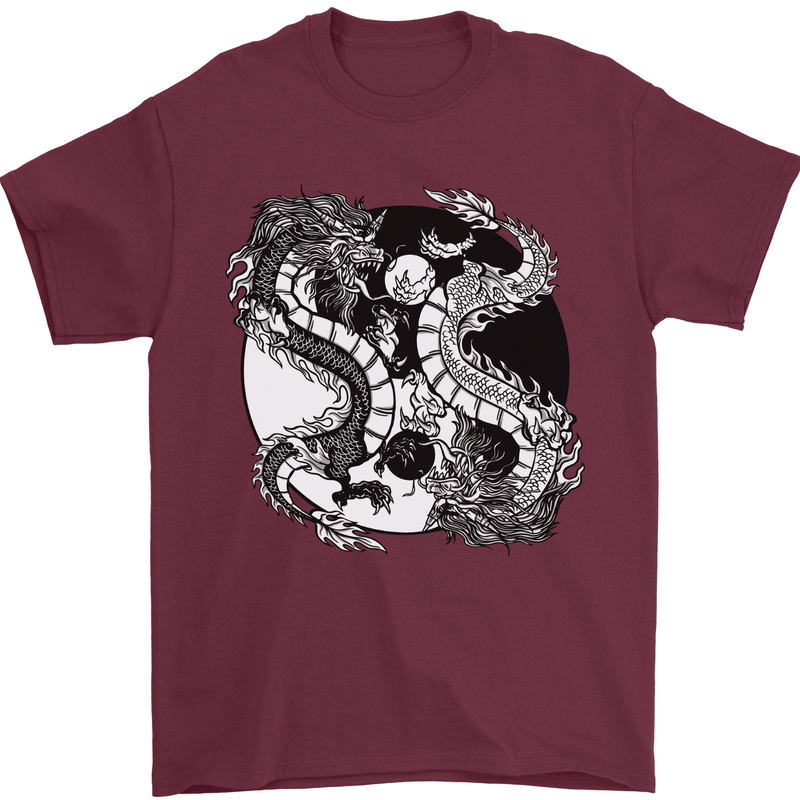 Yin Yang Dragons Mens T-Shirt 100% Cotton Maroon