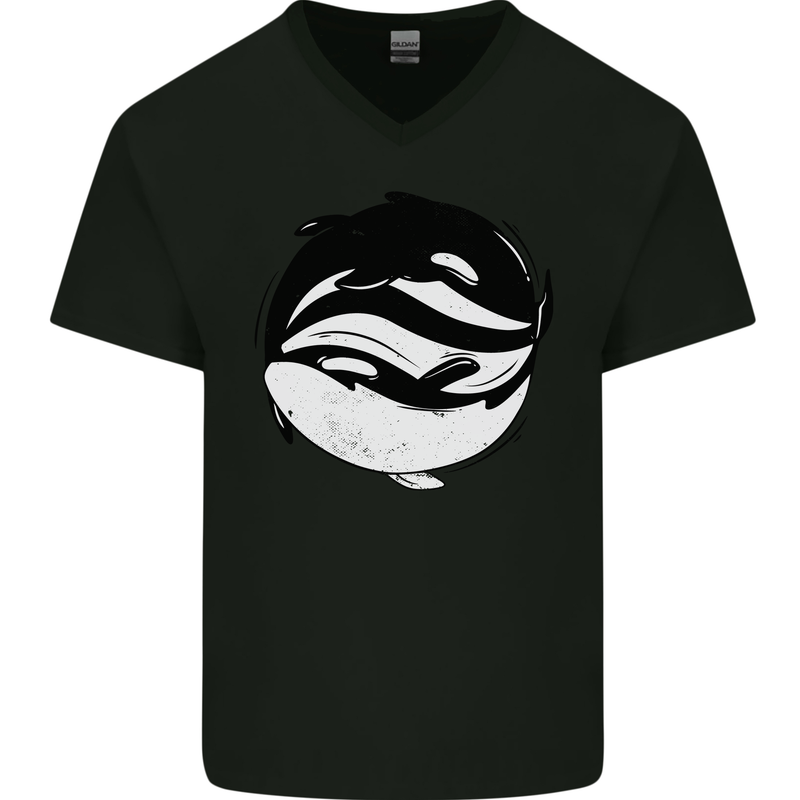 Ying Yan Orca Killer Whale Mens V-Neck Cotton T-Shirt Black