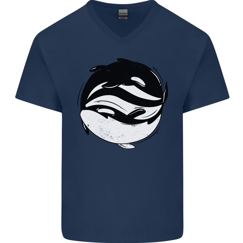 Ying Yan Orca Killer Whale Mens V-Neck Cotton T-Shirt Navy Blue