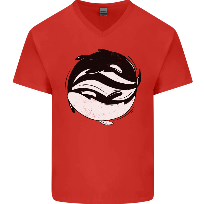 Ying Yan Orca Killer Whale Mens V-Neck Cotton T-Shirt Red