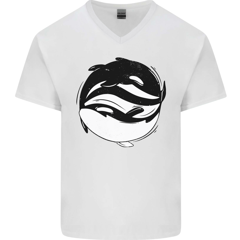 Ying Yan Orca Killer Whale Mens V-Neck Cotton T-Shirt White