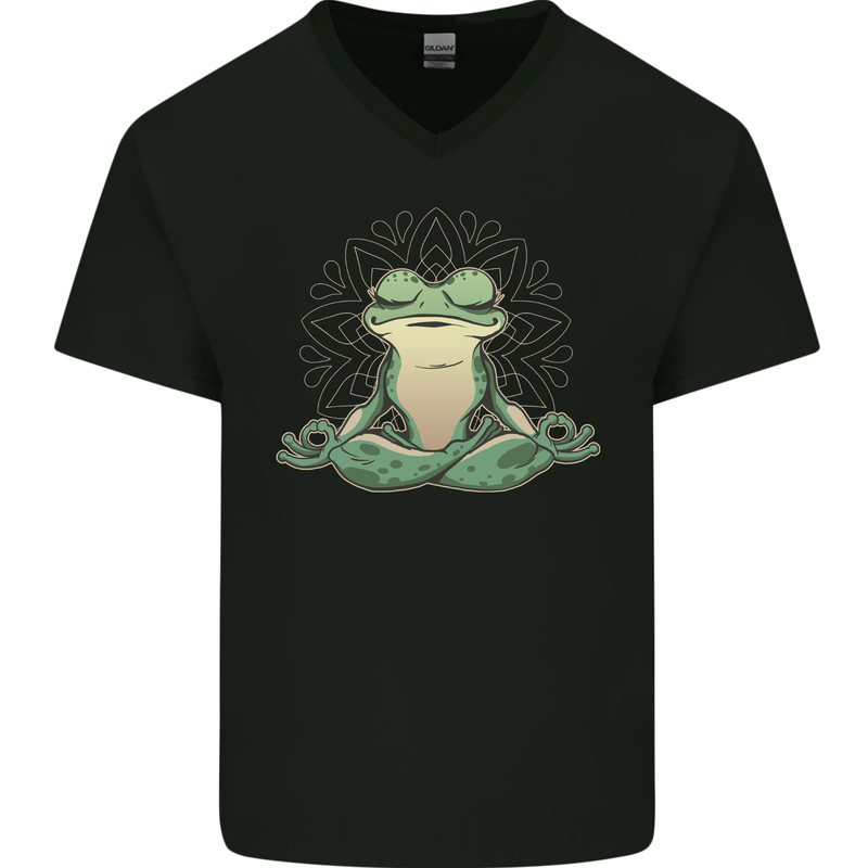 Yoga Frog Meditation Mens V-Neck Cotton T-Shirt Black