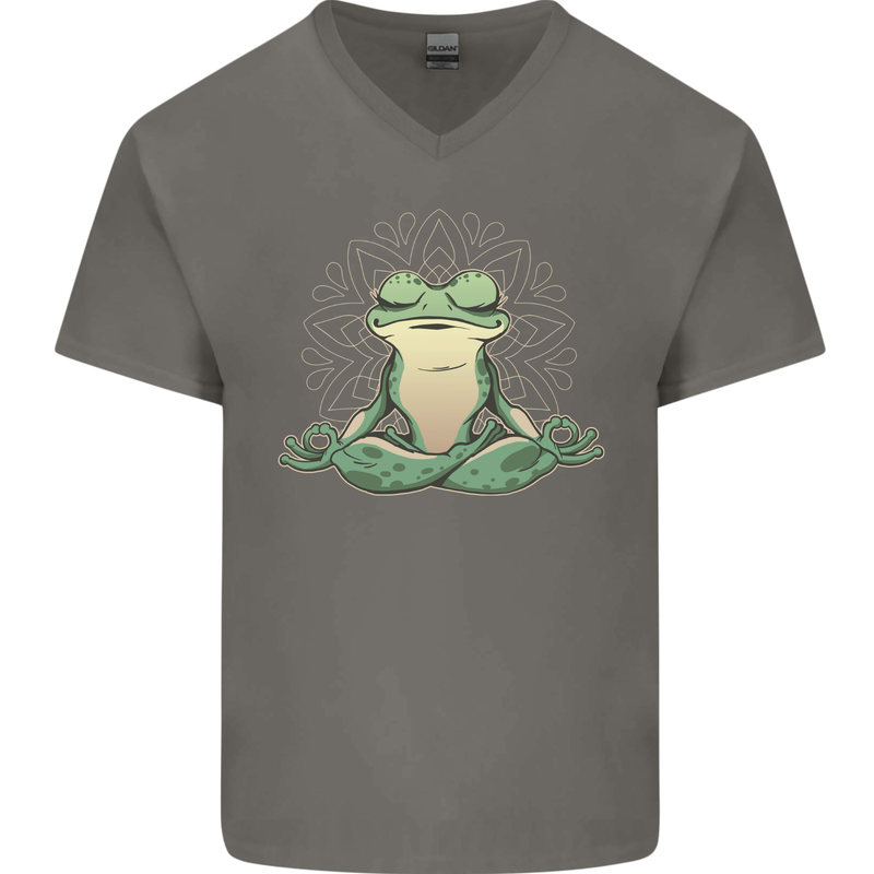 Yoga Frog Meditation Mens V-Neck Cotton T-Shirt Charcoal