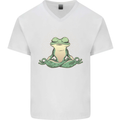 Yoga Frog Meditation Mens V-Neck Cotton T-Shirt White