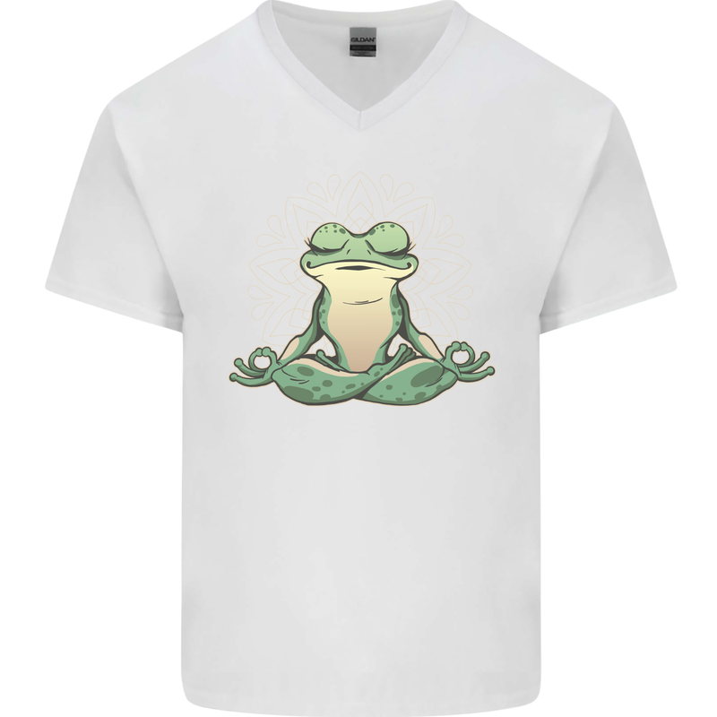 Yoga Frog Meditation Mens V-Neck Cotton T-Shirt White