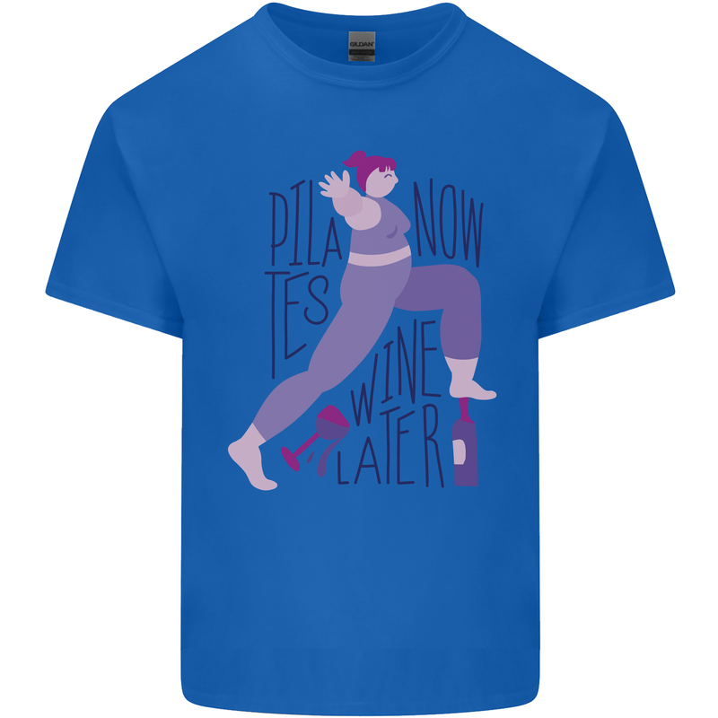 Yoga Pilates Now Wine Later Funny Alcohol Kids T-Shirt Childrens Royal Blue