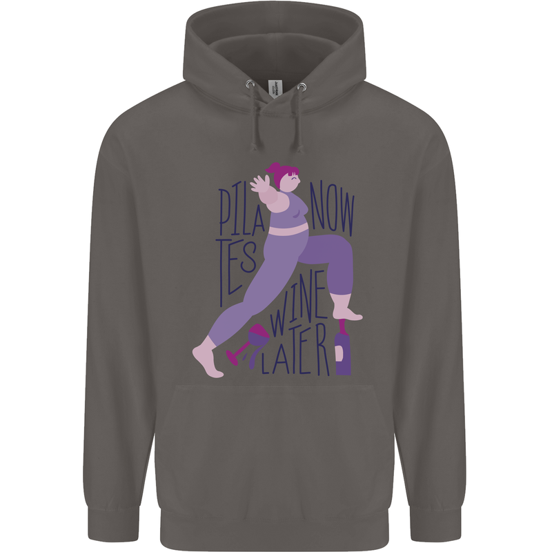 Yoga Pilates Now Wine Later Funny Alcohol Mens 80% Cotton Hoodie Charcoal