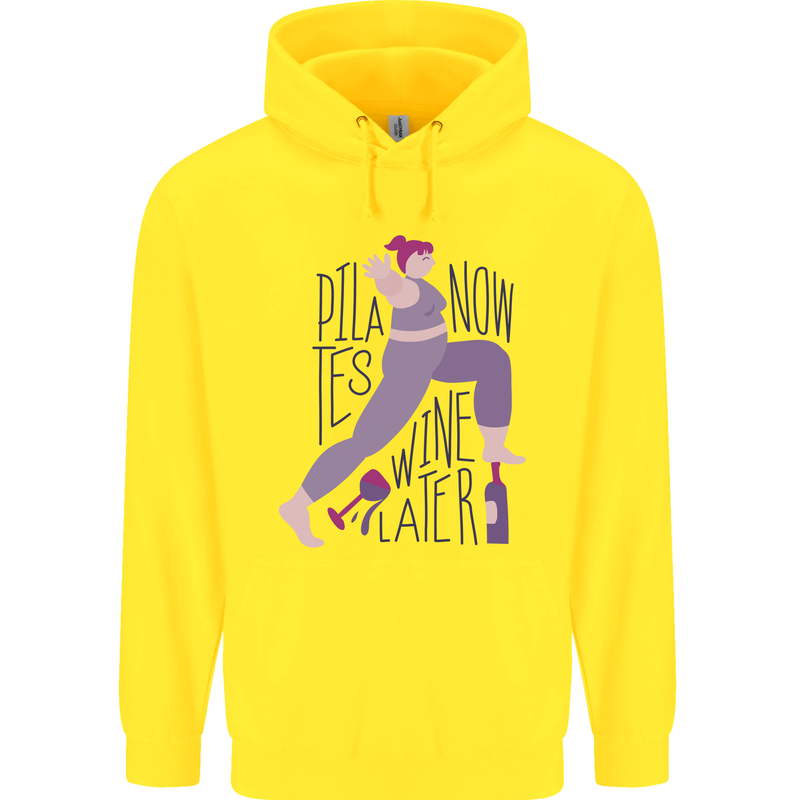 Yoga Pilates Now Wine Later Funny Alcohol Mens 80% Cotton Hoodie Yellow