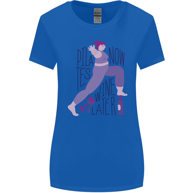 Yoga Pilates Now Wine Later Funny Alcohol Womens Wider Cut T-Shirt Royal Blue